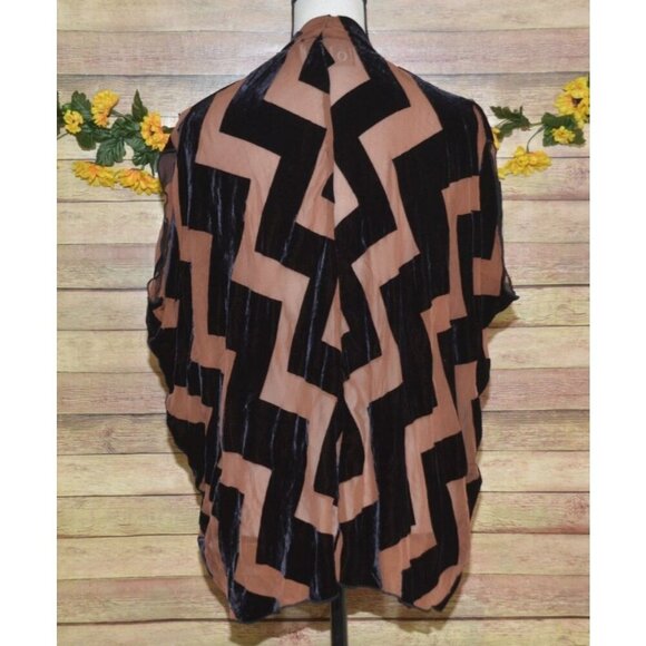 Dolan Antropologie L Brown Silk Black Velvet Chevron Open Top Jacket Sleeveless - Picture 6 of 10
